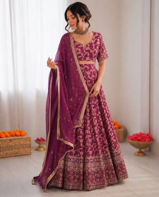 wine jacquard thread sequin lehenga choli set 2