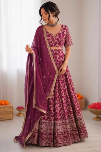 wine jacquard thread sequin lehenga choli set