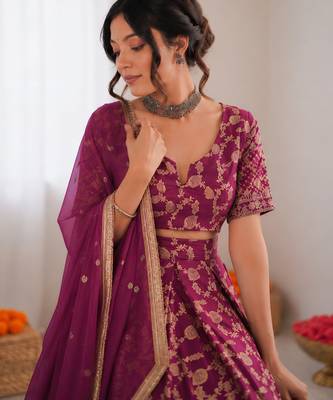 wine jacquard thread sequin lehenga choli set 3