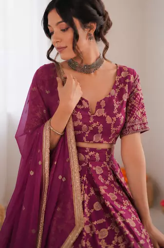 wine jacquard thread sequin lehenga choli set