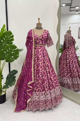 wine jacquard thread sequin lehenga choli set