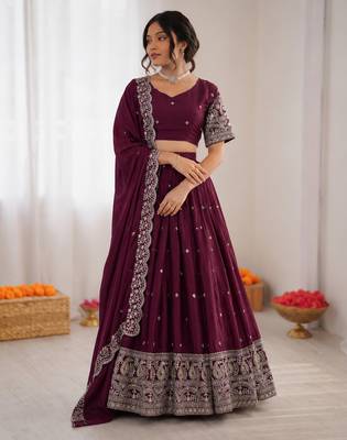 wine chinon silk thread sequin lehenga choli set 1