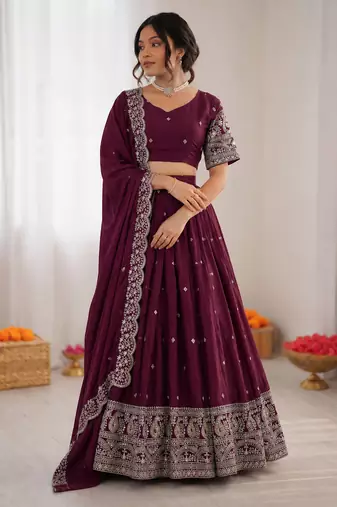 wine chinon silk thread sequin lehenga choli set