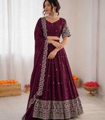 wine chinon silk thread sequin lehenga choli set
