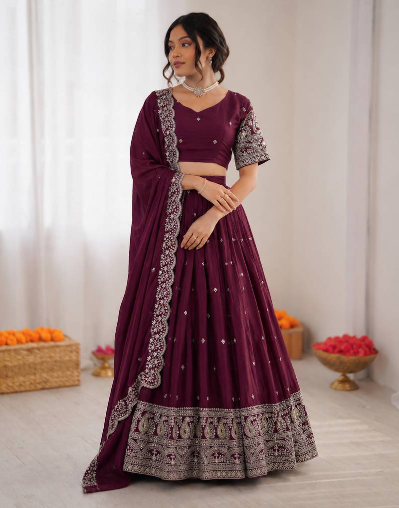 wine chinon silk thread sequin lehenga choli set