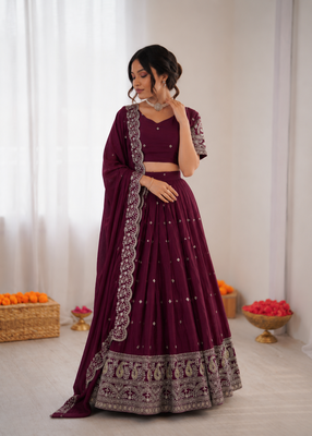 wine chinon silk thread sequin lehenga choli set 2