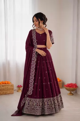 wine chinon silk thread sequin lehenga choli set