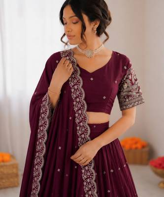 wine chinon silk thread sequin lehenga choli set 3