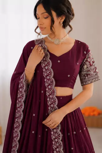 wine chinon silk thread sequin lehenga choli set