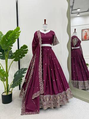 wine chinon silk thread sequin lehenga choli set 4