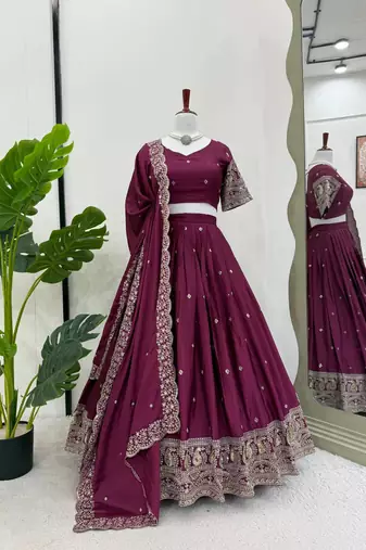 wine chinon silk thread sequin lehenga choli set