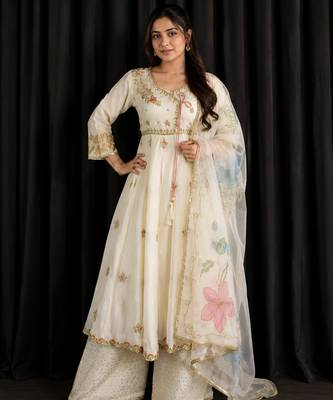 Elegant chinon embroidered gown palazzo set with organza dupatta 1