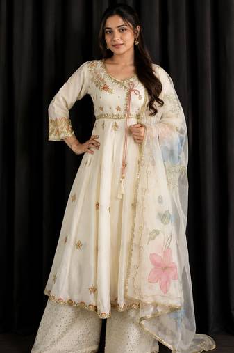 Elegant chinon embroidered gown palazzo set with organza dupatta