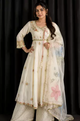 Elegant chinon embroidered gown palazzo set with organza dupatta