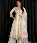 Elegant chinon embroidered gown palazzo set with organza dupatta