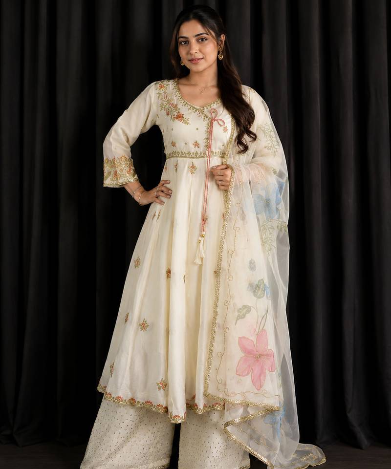 Elegant chinon embroidered gown palazzo set with organza dupatta