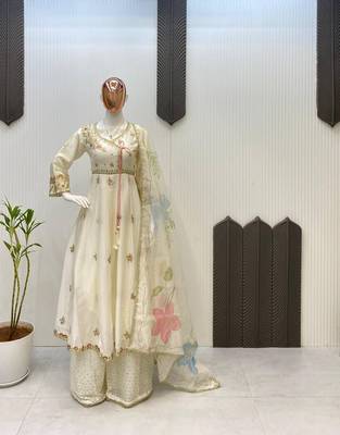 Elegant chinon embroidered gown palazzo set with organza dupatta 2