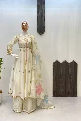 Elegant chinon embroidered gown palazzo set with organza dupatta