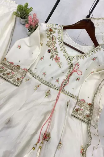 Elegant chinon embroidered gown palazzo set with organza dupatta