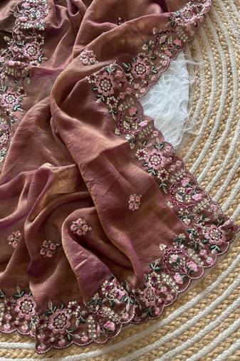 Onion Pink Color Embroidery Sequence Work Silk Saree