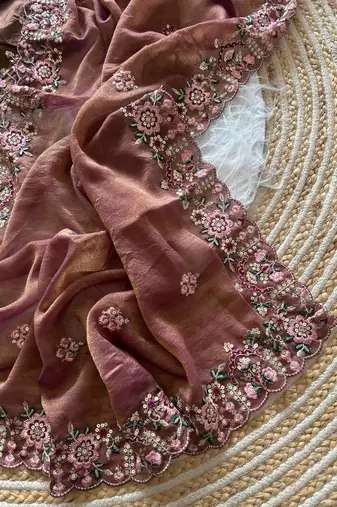 Onion Pink Color Embroidery Sequence Work Silk Saree