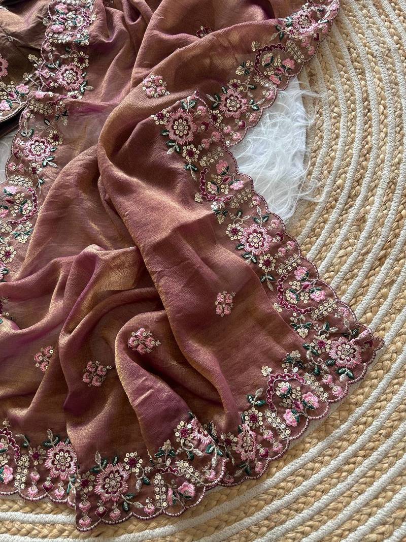 Onion Pink Color Embroidery Sequence Work Silk Saree