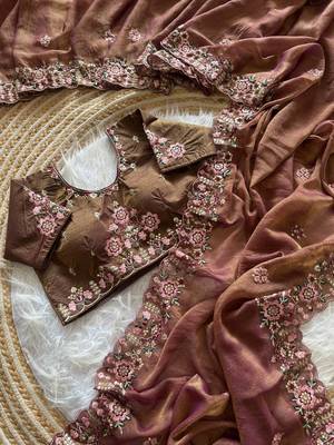 Onion Pink Color Embroidery Sequence Work Silk Saree 2