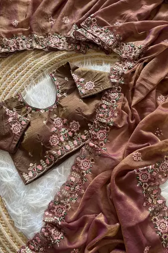 Onion Pink Color Embroidery Sequence Work Silk Saree