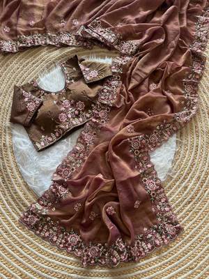 Onion Pink Color Embroidery Sequence Work Silk Saree 3