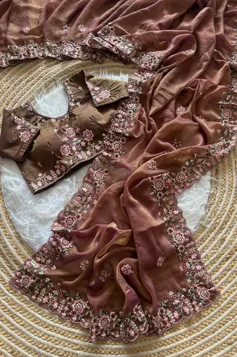 Onion Pink Color Embroidery Sequence Work Silk Saree
