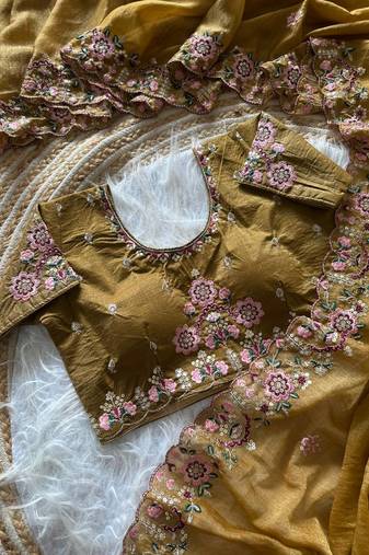 Mustard  Color Embroidery Sequence Work Silk Saree