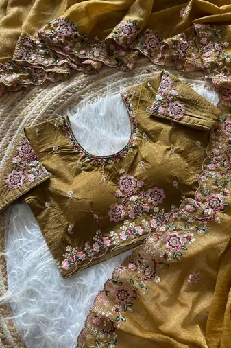 Mustard  Color Embroidery Sequence Work Silk Saree