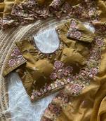 Mustard  Color Embroidery Sequence Work Silk Saree