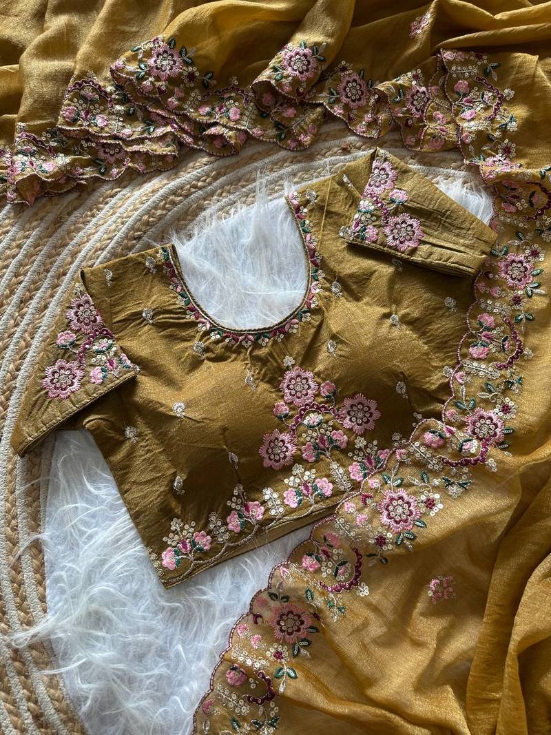 Mustard  Color Embroidery Sequence Work Silk Saree