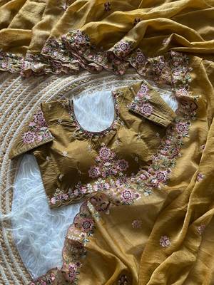 Mustard  Color Embroidery Sequence Work Silk Saree 2