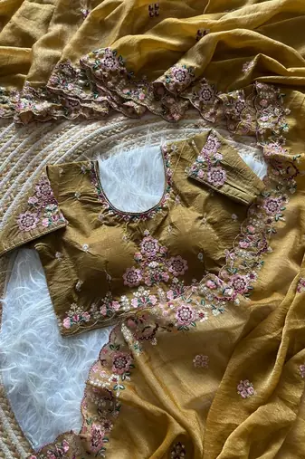 Mustard  Color Embroidery Sequence Work Silk Saree