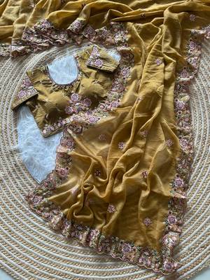 Mustard  Color Embroidery Sequence Work Silk Saree 3