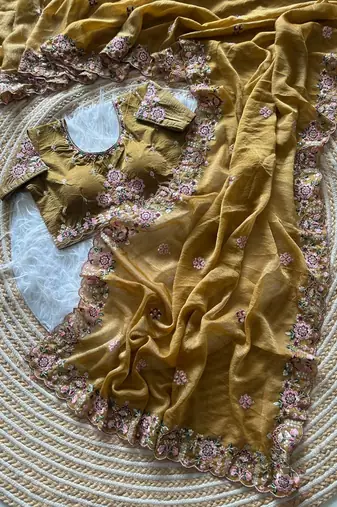 Mustard  Color Embroidery Sequence Work Silk Saree