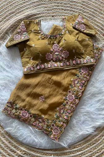 Mustard  Color Embroidery Sequence Work Silk Saree