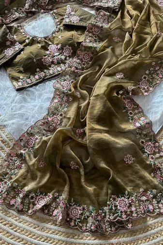  Olive Color Embroidery Sequence Work Silk Saree