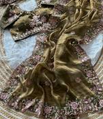  Olive Color Embroidery Sequence Work Silk Saree