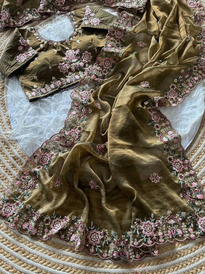  Olive Color Embroidery Sequence Work Silk Saree