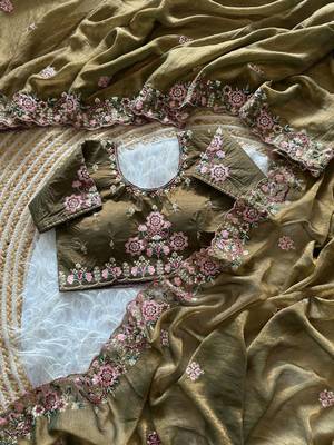  Olive Color Embroidery Sequence Work Silk Saree 2