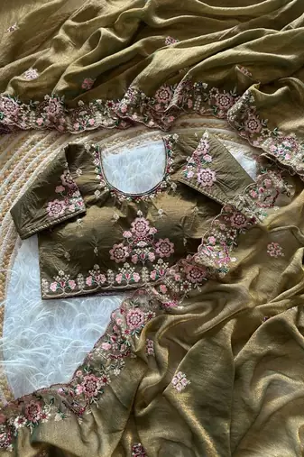  Olive Color Embroidery Sequence Work Silk Saree