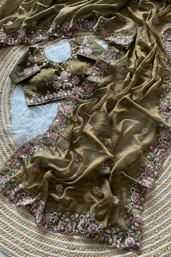  Olive Color Embroidery Sequence Work Silk Saree