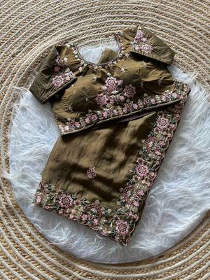  Olive Color Embroidery Sequence Work Silk Saree 4