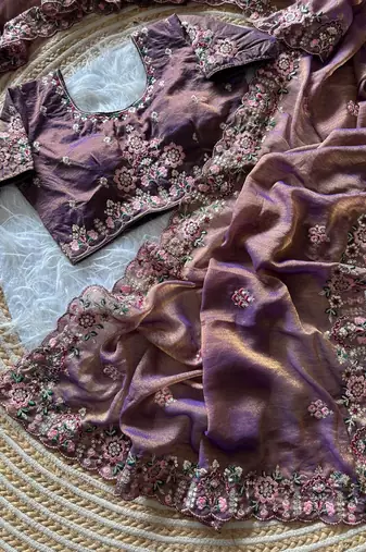 Lavender  Color Embroidery Sequence Work Silk Saree