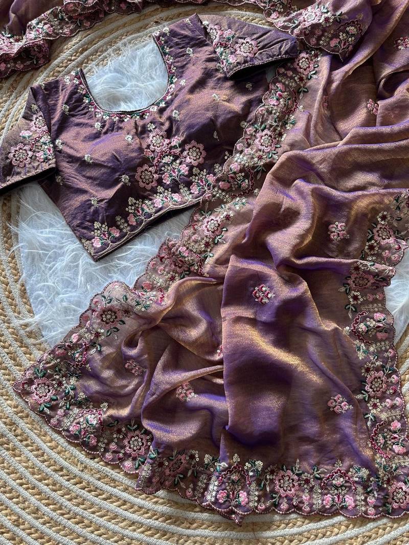 Lavender  Color Embroidery Sequence Work Silk Saree