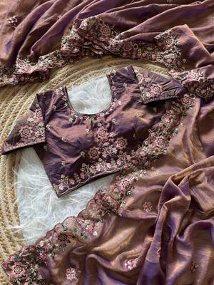 Lavender  Color Embroidery Sequence Work Silk Saree 2