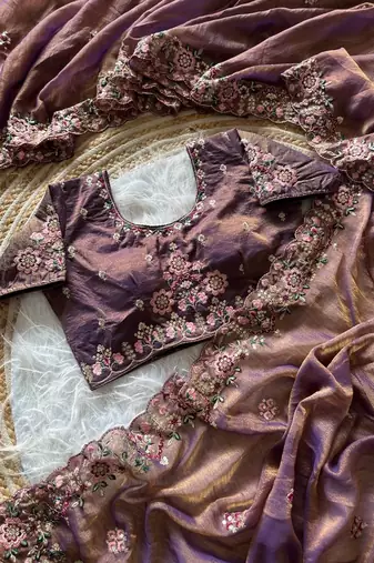 Lavender  Color Embroidery Sequence Work Silk Saree